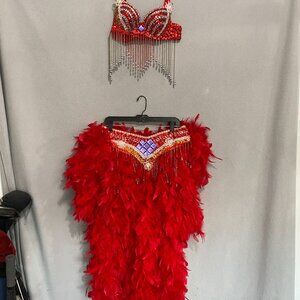 Red Showgirl Costume Set Feather Skirt Rhinestone Bra & Feather Headdress Burles